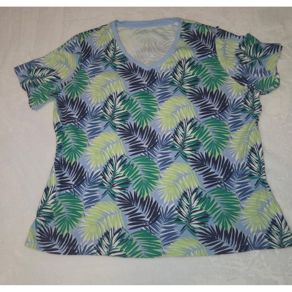 098-Kim Rogers XL Blue Tropical Palm Leaf ‎ V Neck Short Sleeve Knit Top Womens